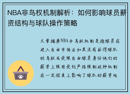 NBA非鸟权机制解析：如何影响球员薪资结构与球队操作策略