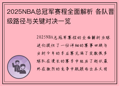 2025NBA总冠军赛程全面解析 各队晋级路径与关键对决一览